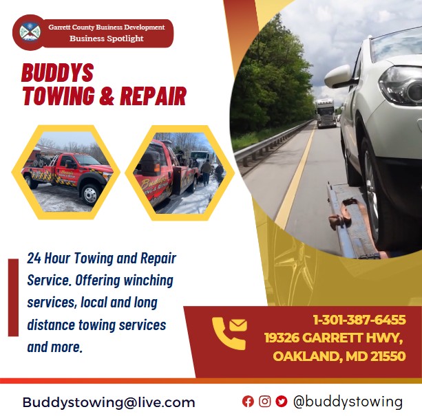 Todays Business Spotlight 📣is on Buddy's Towing & Repair.
Visit them at Buddy’s Towing and Boomlift Rentals or call 1-301-387-6455
Follow us to see more daily Garrett County Business Spotlights!
If you are interested in having your business featured contact Connor Norman at cnorman@garrettcountymd.gov. #businessdevelopment #garrettcountymd 